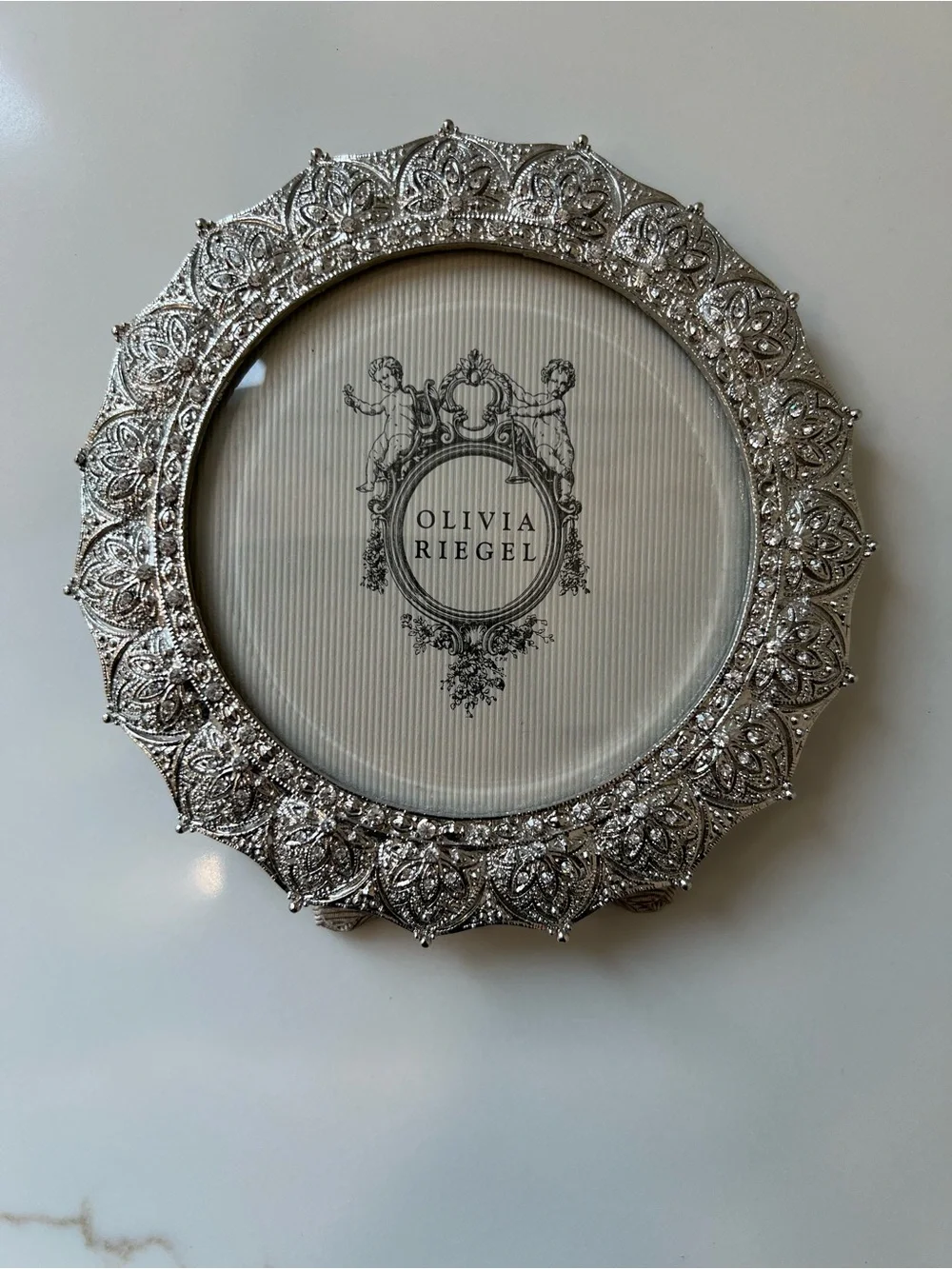 Olivia Riegel Ornate Silver and Rhinestone Round Picture Frame